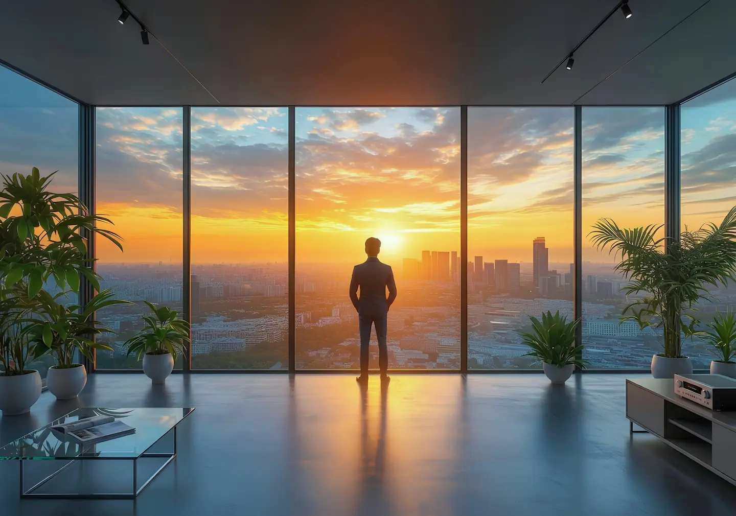 A cinematic interior overlooking the Mumbai skyline at sunset